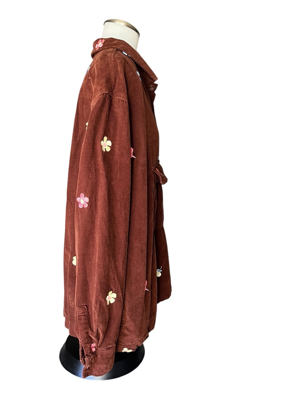Small Lazy Oaf Chocolate Brown Corduroy Floral Embroidered Vegan Top - Picture 3 of 4